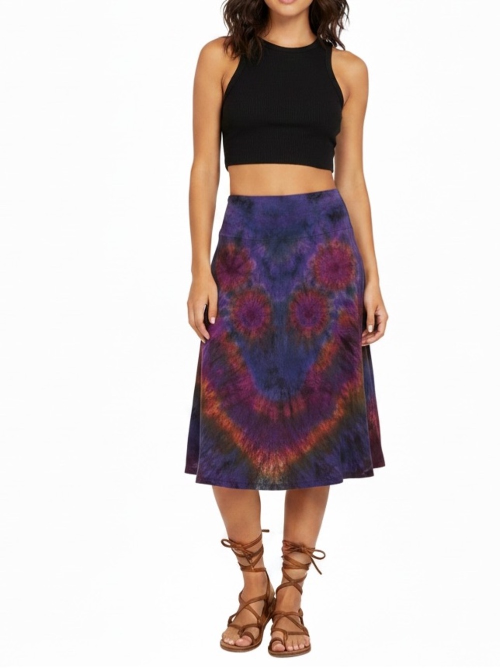 Kathmandu Imports | Tie dye slinky lightweight colorful vibrant midi skirt small